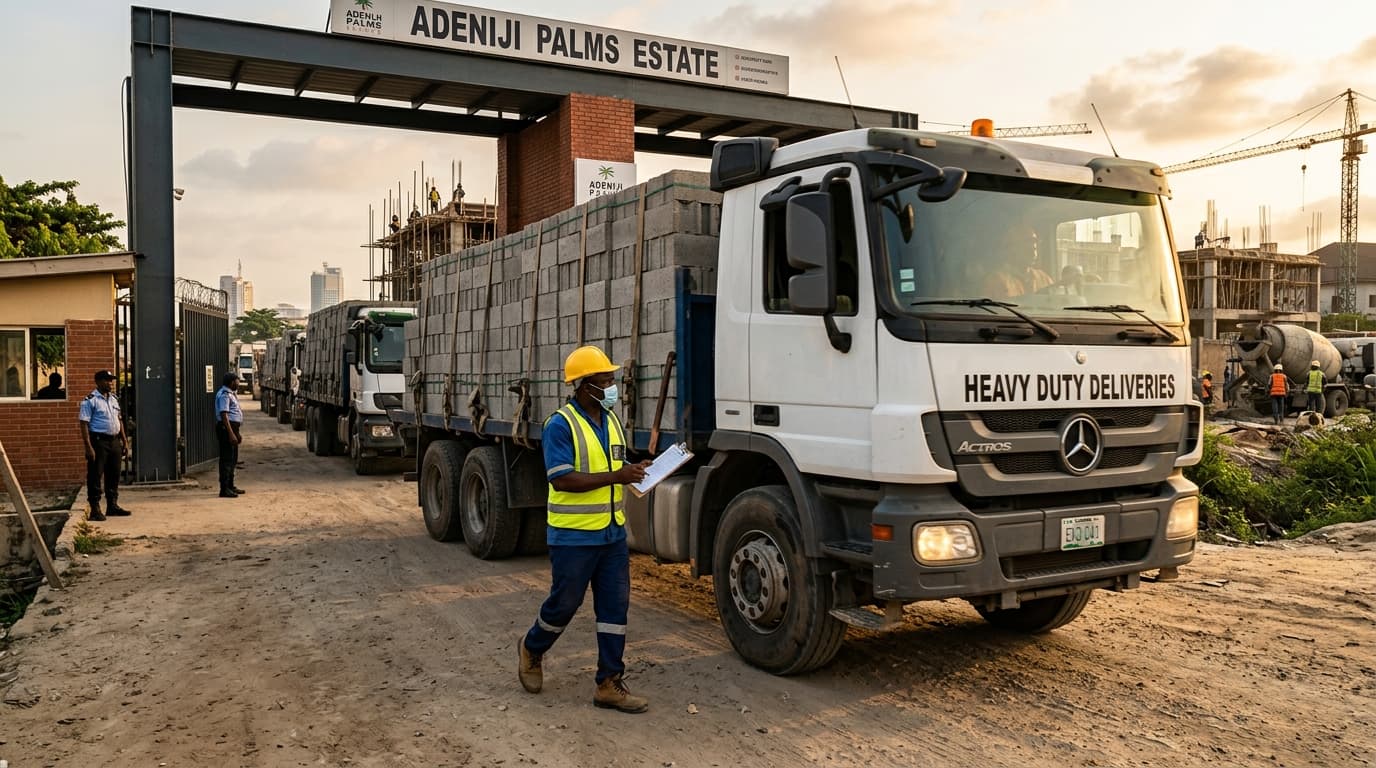 Blucindustry heavy duty flatbed delivery truck arriving at a Nigerian estate construction gate