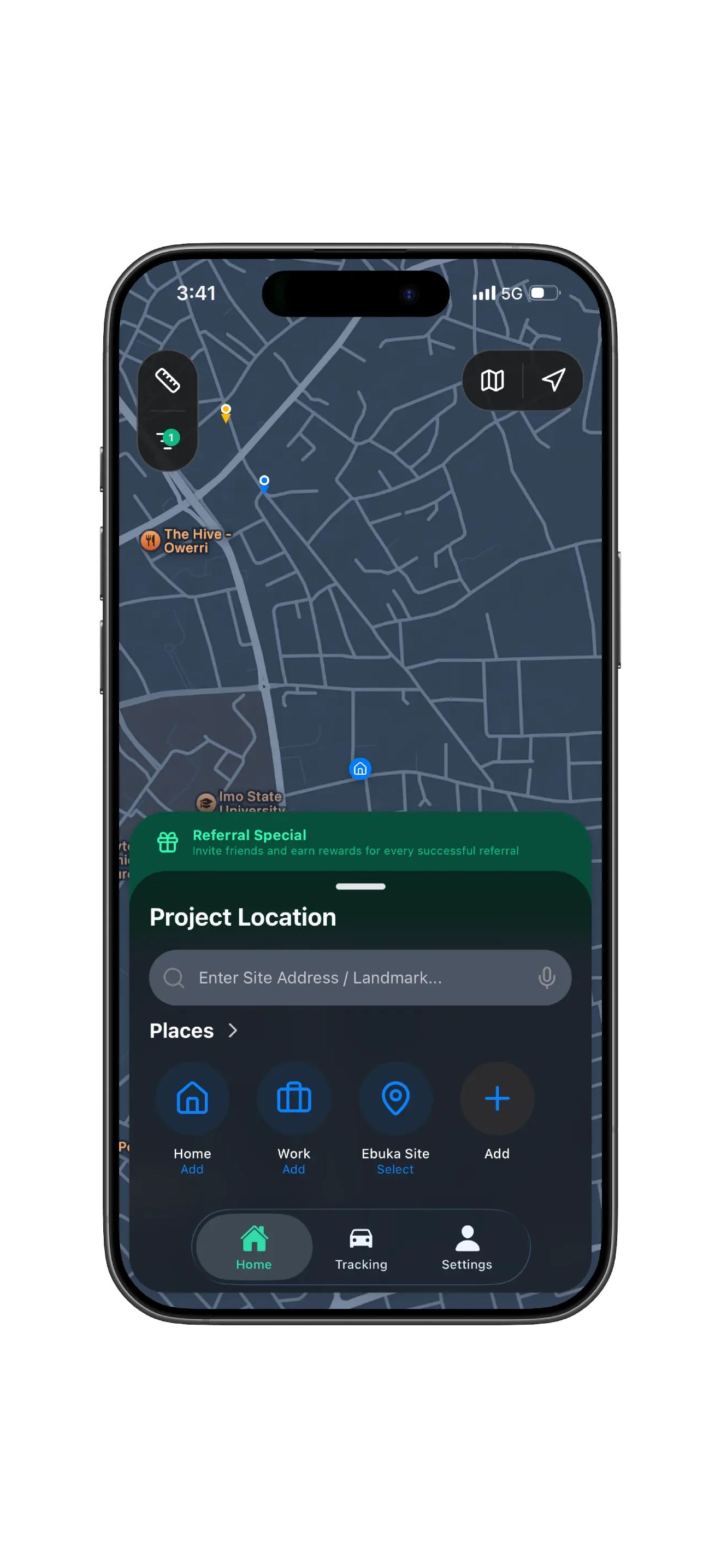 Block Industry Mobile App interface showing map view with construction block ordering features