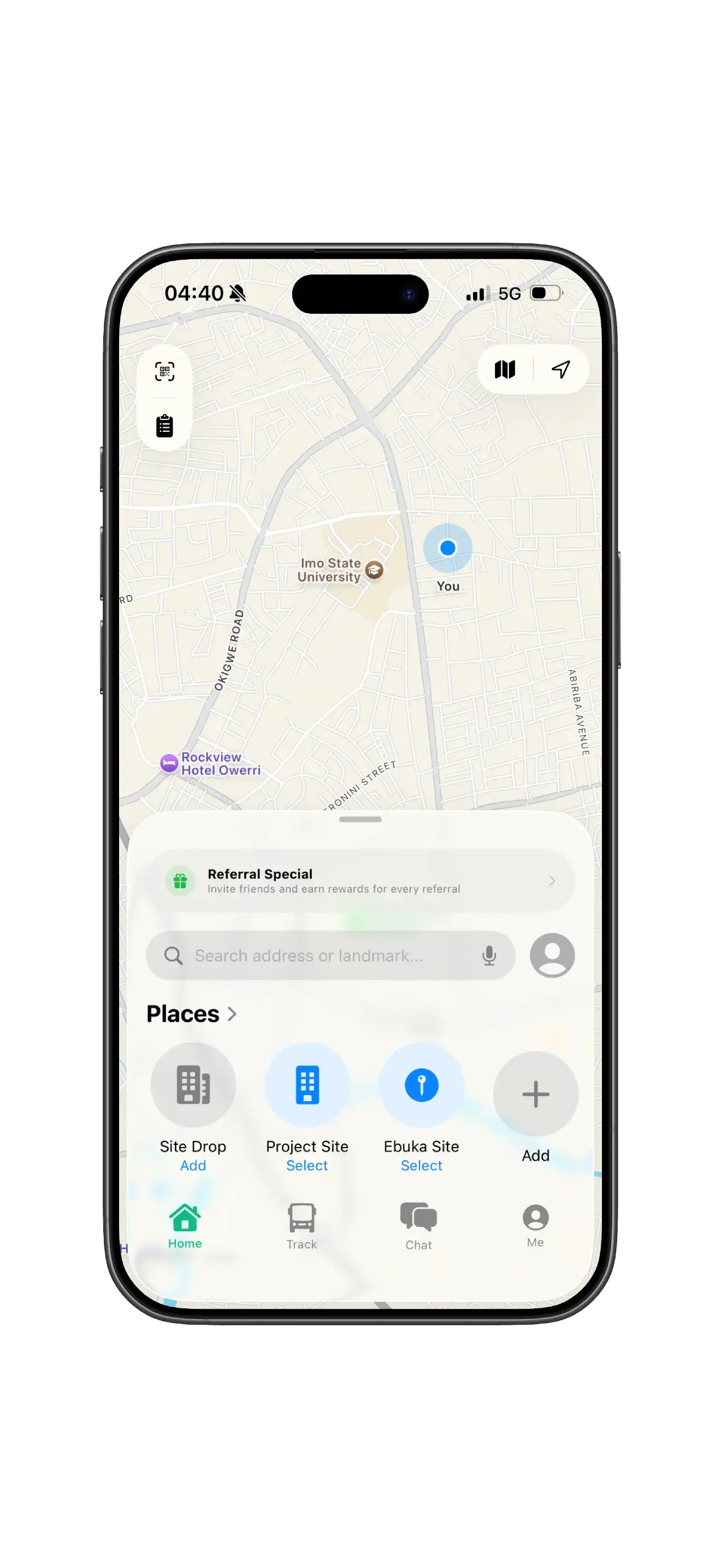 Block Industry Mobile App interface showing map view with construction block ordering features