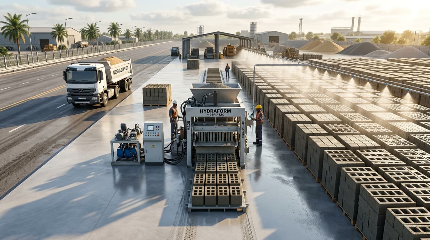 Certified commercial concrete block manufacturing yard with vibrating tables and water mist curing bays